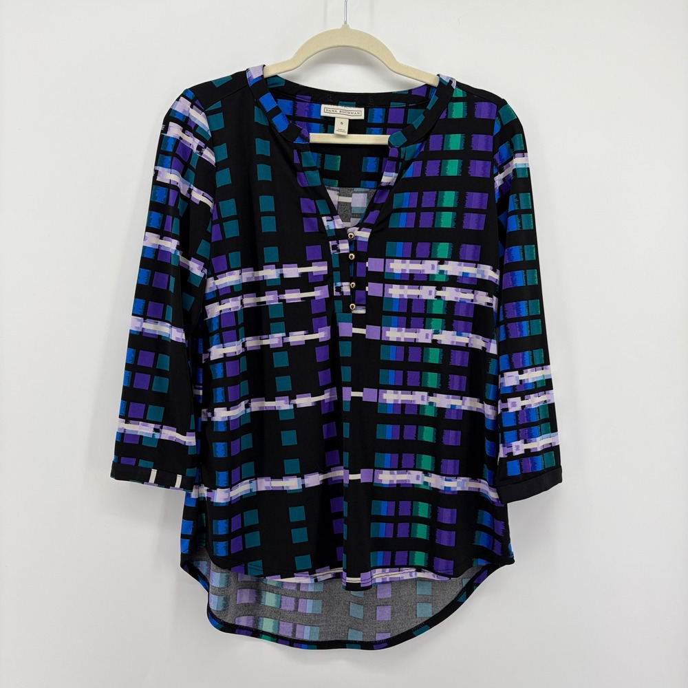 Dana Buchman Multicolor Geometric Print 3/4 Sleeve V-Neck Top Women's Size S
